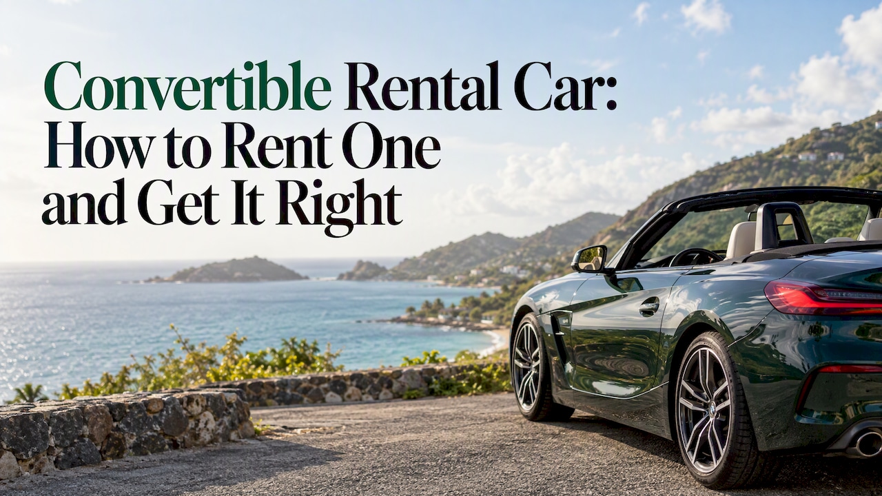 Green convertible parked beside a Caribbean coast