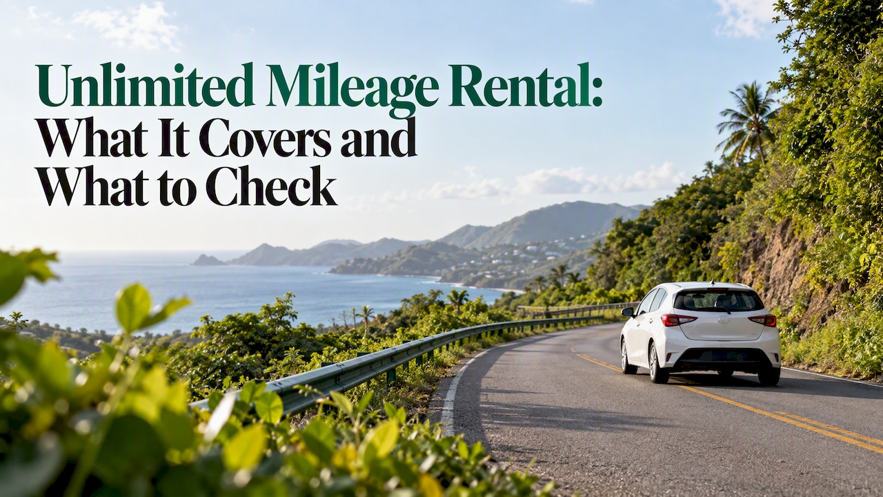 Compact rental car on a Caribbean island road